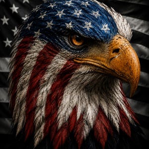 Könnte beinhalten: Ein Weißkopfseeadler-Kopf mit einem Gefieder im rot-weiß-blauen Muster der amerikanischen Flagge. Der Adler hat einen scharfen, gebogenen gelben Schnabel und ein stechendes bernsteinfarbenes Auge vor einem dunklen, monochromen Flaggenhintergrund.