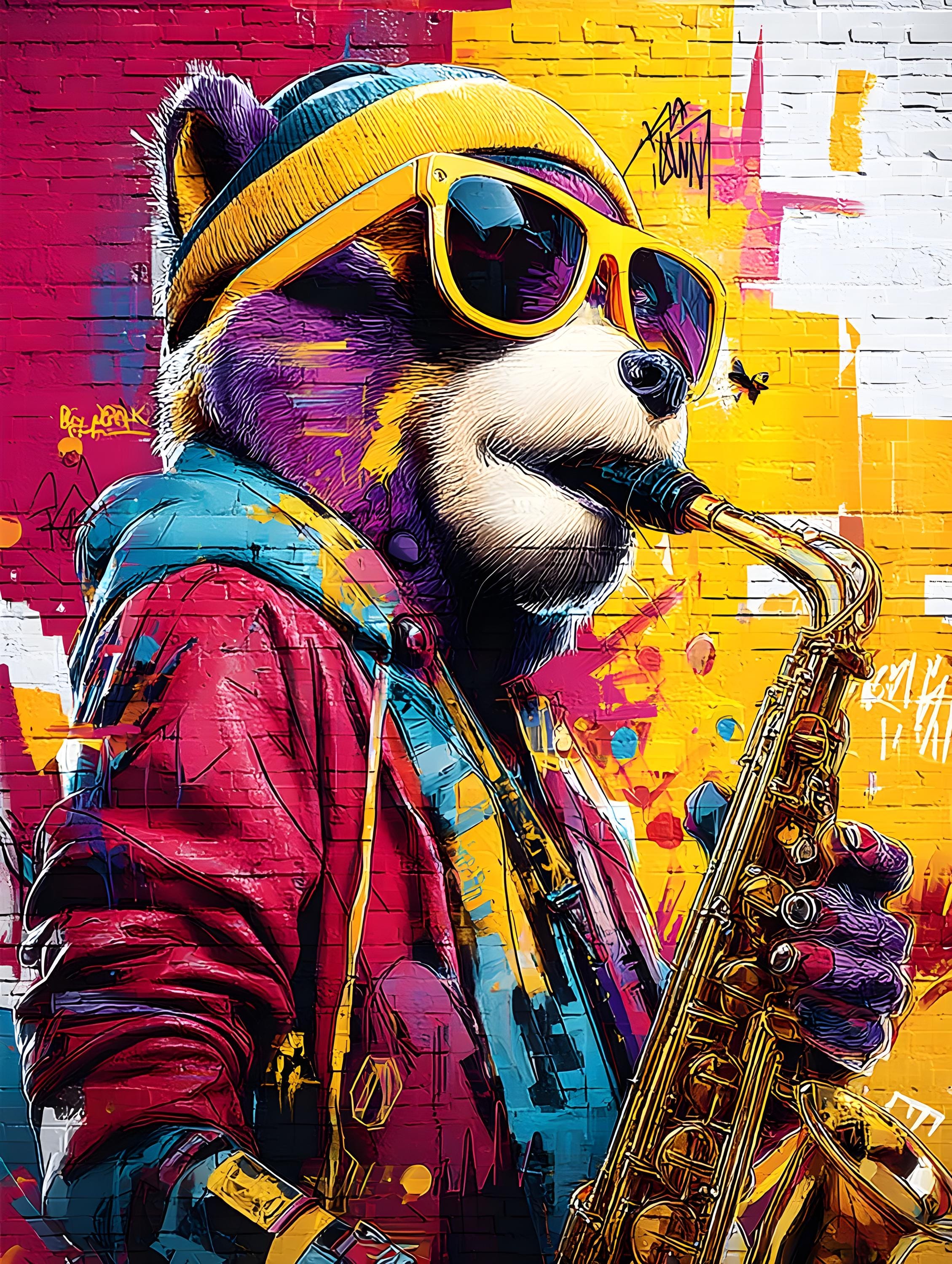 Jazz Bear Street Art Poster – Graffiti With Saxophone, Sunglasses