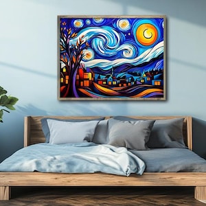 Sternennacht inspiriertes Dorfbild – Digitale Kunst im Van Gogh Stil | Wirbelnder Nachthimmel – Sofortiger Download