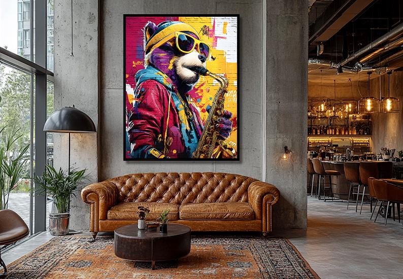 Jazz Bear Street Art Poster – Graffiti With Saxophone, Sunglasses