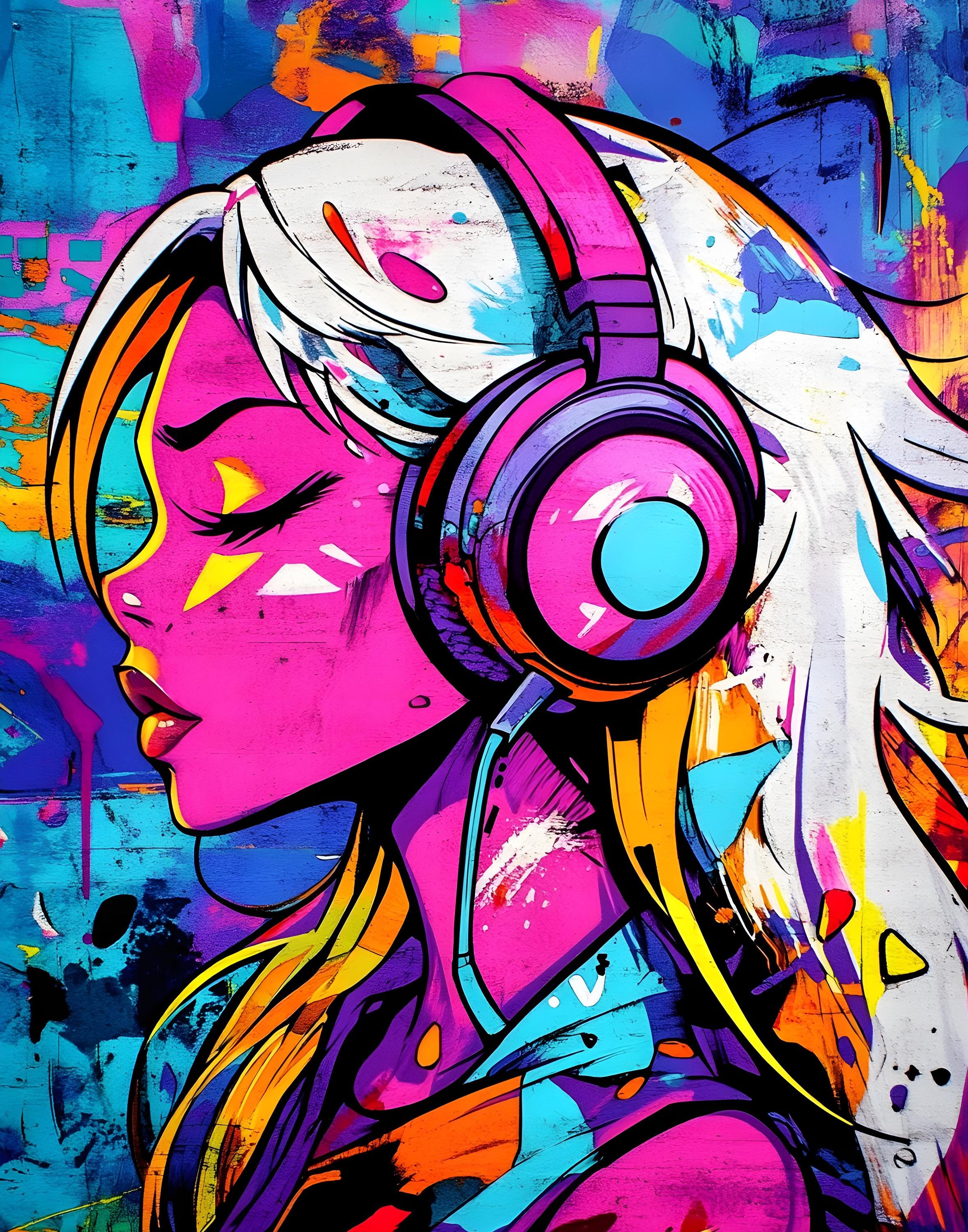 Colorful Girl With Headphones Street Art – Bold Pop Graffiti