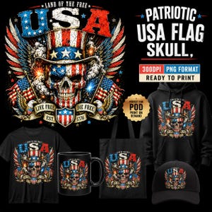 Könnte beinhalten: Ein patriotisches Design mit einem Totenkopf, der einen Zylinder in den Farben der US-Flagge trägt. Das Design enthält den Text "LAND OF THE FREE" und "LIVE FREE EST. 1776 DIE FREE" auf Produkten wie T-Shirt, Becher, Tragetasche, Hoodie und Kappe.