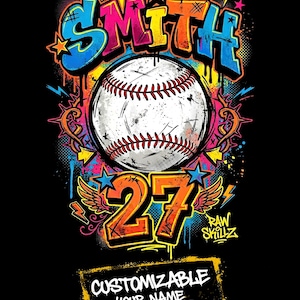Könnte beinhalten: Baseball-Grafikdesign auf schwarzem Hintergrund. Das Design zeigt den Namen "SMITH" im Graffiti-Stil, einen Baseball mit roten Nähten, die Nummer "27" und den Text "CUSTOMIZABLE YOUR NAME YOUR NUMBER".