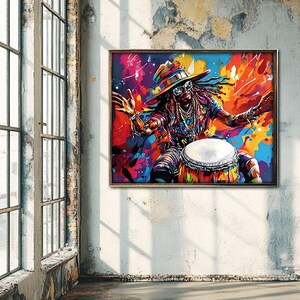 May include: A colorful abstract painting of a person playing a drum. The person is wearing a hat and sunglasses and has long hair. The background is a mix of bright colors, including red, orange, yellow, blue, and green.