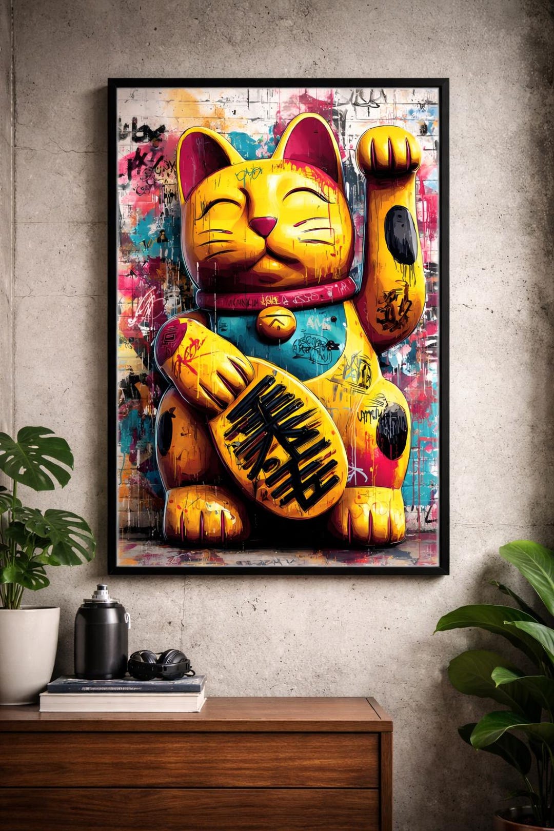 Lucky Cat Graffiti Wall Art – Colorful Maneki Neko Street Style Poster ...