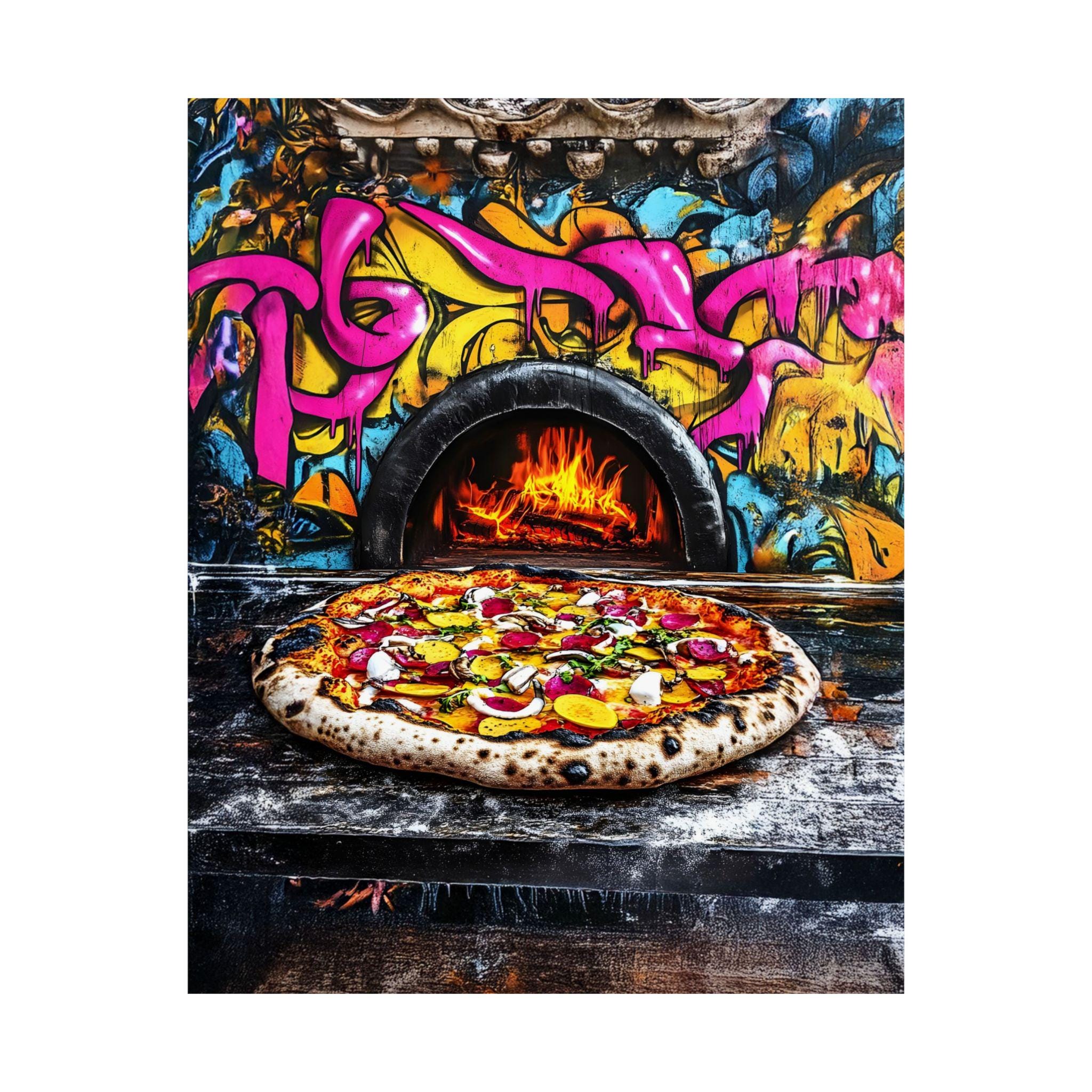 Pizza Oven Graffiti Poster Vertical, Urban Street Art Wall Print