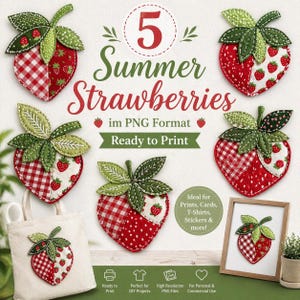 Könnte beinhalten: Fünf Erdbeer-Designs mit Vichy- und Erdbeermustern. Der Text lautet "5 Summer Strawberries" und "Ready to Print". Ideal für DIY-Projekte, Drucke, Karten, T-Shirts, Aufkleber und mehr. Die Designs sind im PNG-Format.