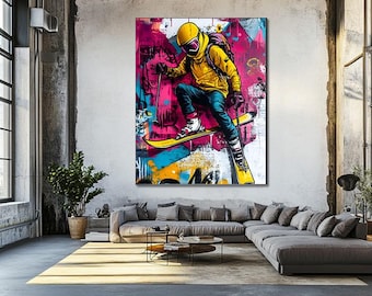 May include: A colourful abstract painting of a person wearing a yellow jacket and helmet, holding a snowboard and jumping in the air. The background is a mix of pink, blue and yellow.
