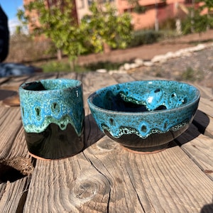 Handmade Ceramic Breakfast Set: Blue Floral Coffee Mug and Matching Bowl - Artisan Pottery Gift Set - 2 Piece Bundle