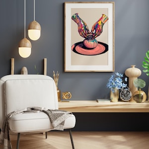 Marockansk hantverkare händer keramik linjekonst, färgglad färg droppande keramisk väggkonst, Marrakech keramikstudio dekor, Boho digital nedladdning