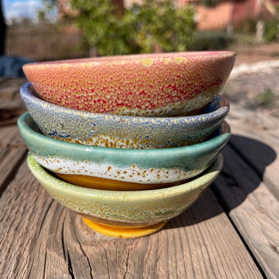 Set of 4 Handmade Ceramic Bowls - Small Artistic Soup & Snack Bowls - Moroccan Crackle Glaze Pottery - Colorful Boho Tableware - Unique Gift