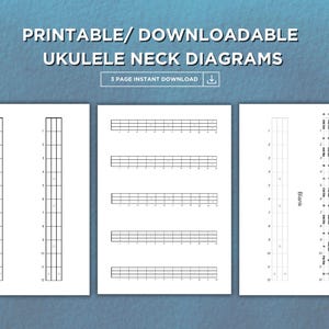 Könnte beinhalten: Druckbare Ukulele-Hals-Diagramme auf weißem Papier. Die Diagramme umfassen Griffbrettlayouts und Standardstimmbezeichnungen. Der Text oben lautet "Printable/ Downloadable Ukulele Neck Diagrams".