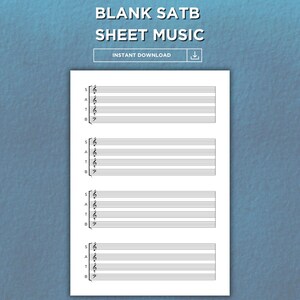 Pode incluir: Partitura SATB em branco com quatro pautas, clave de sol e linhas para notas. A partitura está pronta para compor ou arranjar música.