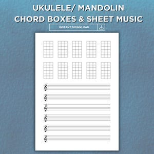 Afdrukbare akkoordentabel voor ukelele en mandoline met blanco notenbalk | A4- en US Letter-formaten | Sjabloon muzieknotatie en songwriting