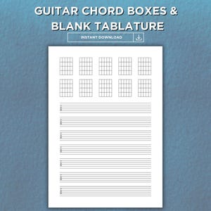 Könnte beinhalten: Druckbare Gitarren-Akkordkästchen und leere Tabulatur. Das druckbare Blatt enthält 8 leere Akkordkästchen und 10 Zeilen leere Tabulatur.