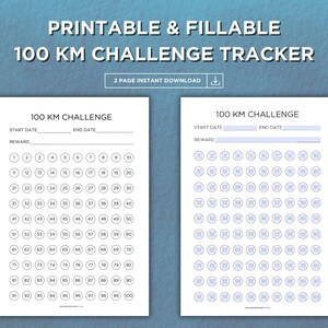 100KM Running Challenge Printable Tracker | A4, A5, US Letter & Half Letter sizes | Editable PDF | Blank and Numbered Designs | Running Log