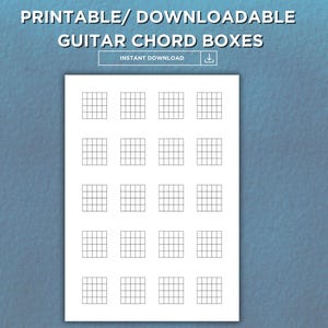 Afdrukbare lege sjabloon voor gitaarakkoordenboxen | A4- en US Letter-formaten | Muziekoefenpapier voor het schrijven van liedjes en akkoordenschema's
