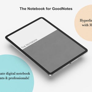 Könnte beinhalten: Ein digitales Tablet mit schwarzem Rahmen zeigt ein Notizbuch-Design. Der Text "The Notebook for GoodNotes" und "THE NOTEBOOK" sind sichtbar. Zusätzlicher Text enthält "The ultimate digital notebook for students & professionals!" und "Hyperlinked PDF with 389 pages."