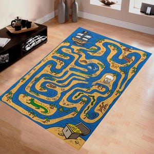Piraten Schatzkarte Teppich für Kinder, Adventure Island Spielmatte, weicher Kleinkind Teppich, Seemonster & Labyrinth Spielboden Dekor, Läufer, Kinder spielen