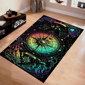 Tapis boussole céleste, carte du ciel mystique, tapisserie de navigation spatiale, tapis mandala cosmique arc-en-ciel, décoration galaxie astrologique, tapis du zodiaque, oeuvre d'art