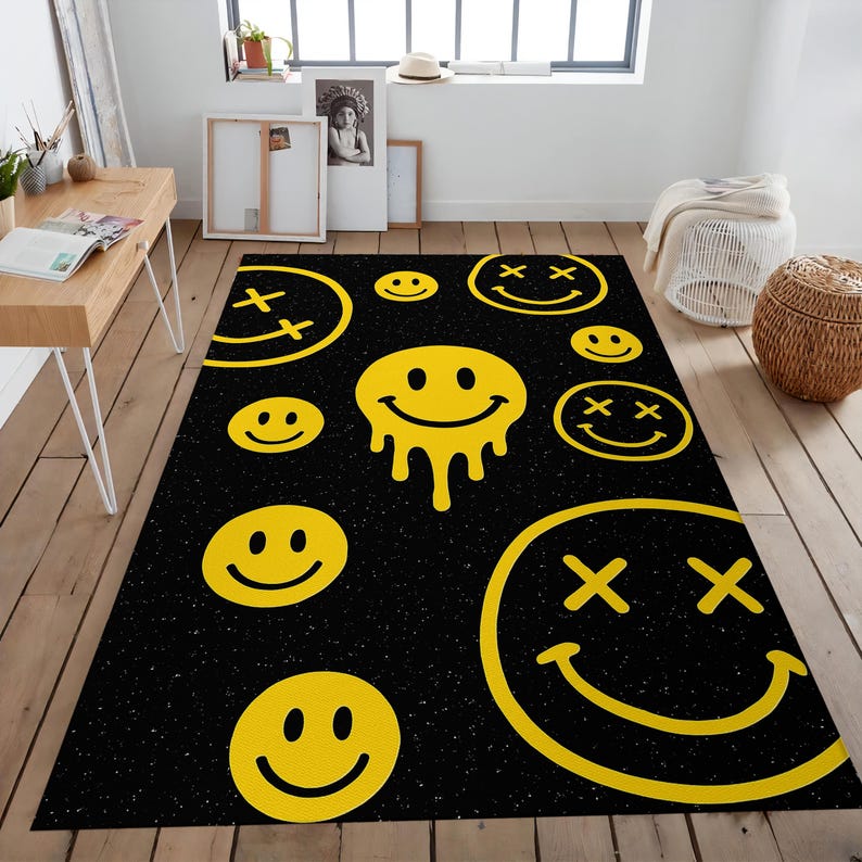 Retro Smiley Face Rug, Yellow Grunge Aesthetic Carpet, Dripping Happy ...