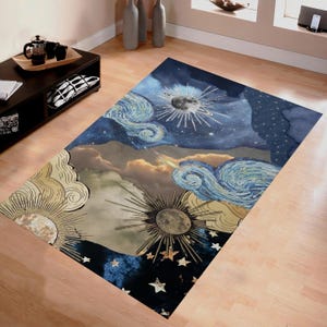 Celestial Moon And Star Rug, Starry Sky Inspired By Van Gogh, Mystical Galaxy Clouds Carpet, Boho Cosmic Art Floor Mat, Cloudy Rug, Area Rug