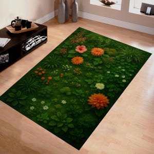 Moss Green Botanical Rug: Washable Wildflower Accent Mat