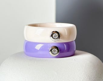 Ceramic rings with zircon Milky Porcelain Wedding ring Elegant stacking ring Lavender modern ring Promise Lesbian Couple Ring