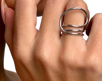 Asymmetric Sterling Silver Statement Ring, Modern Wave Band