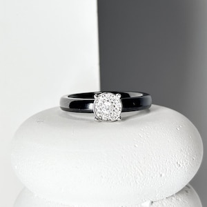 Ceramic ring with zircons, Engagement promise ring, Black ceramic band, Ceramic sterling silver stacking ring, Elegant ring, Modern band