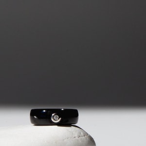 Ceramic Ring with zircon, Black ceramic rings, Modern band ring, Ceramic stacking ring, Elegant sterling silver ring, Wedding ring