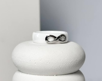 Ceramic infinity ring, Wedding ring, Ring with zircon, White ceramic ring, Promise Engagement ring, Elegant band ring, Ceramic stacking ring