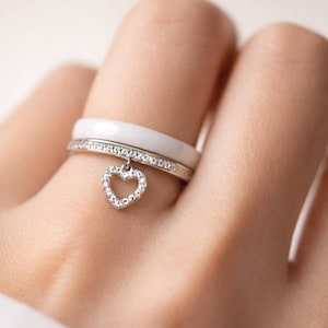 Minimalist sterling silver promise ring with heart charm and zircon stones - White Porcelain stackable two tone ring Ceramic multi link ring