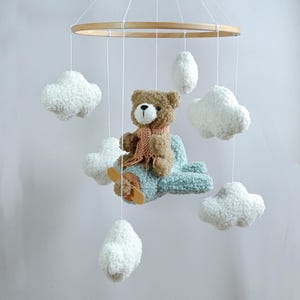 Boucle Teddy Bear Airplane Mobile, little aviator, Neutral Nursery Decor