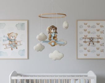 Aviator Bear Baby Mobile, Airplane Crib Mobile, Teddy Bear Pilot Nursery Decor, Boucle Cloud Mobile, Baby Shower Gift Boy