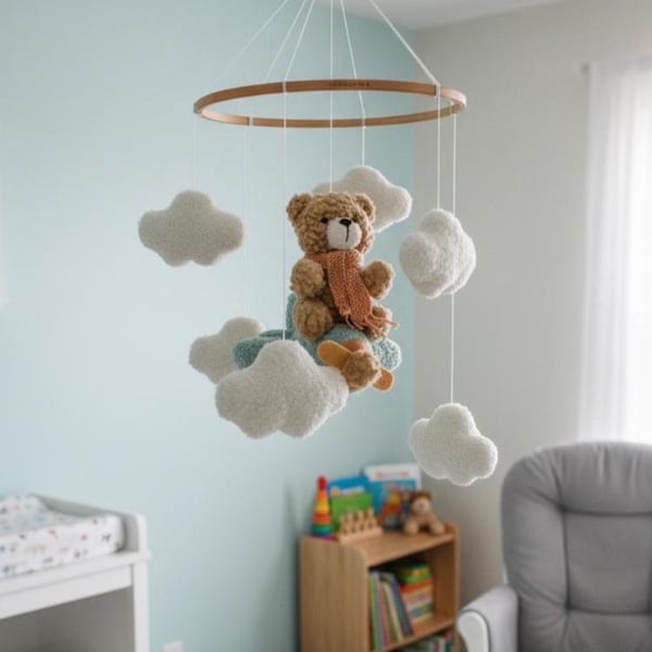 Mobile con aeroplano Boucle Teddy Bear, piccolo aviatore, decorazione neutra per la cameretta dei bambini
