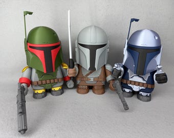 Star Wars Mandalorians and Grogu Figurines - Boba Fett, Jango Fett, Din Djarin/Mando & Grogu/Baby Yoda - Star Wars Gift - 8" Tall
