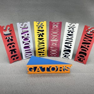 May include: A collection of colorful, wooden team name signs. The signs are red, white, yellow, and maroon, with cut-out lettering spelling out team names like "Rebels" and "Gators". The signs are arranged in a semi-circle.