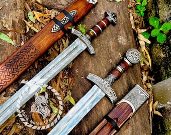Hand Forged Damascus Steel Viking Sword with Scabbard: Norse Replica
