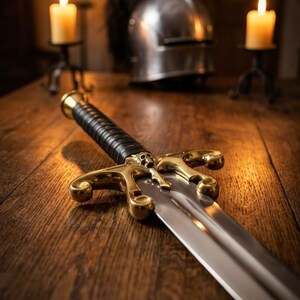 Peut inclure: Une épée médiévale avec une poignée dorée et une poignée en cuir noir est posée sur une table en bois. La poignée de l'épée présente un motif de crâne. Un casque argenté et des bougies allumées sont en arrière-plan.