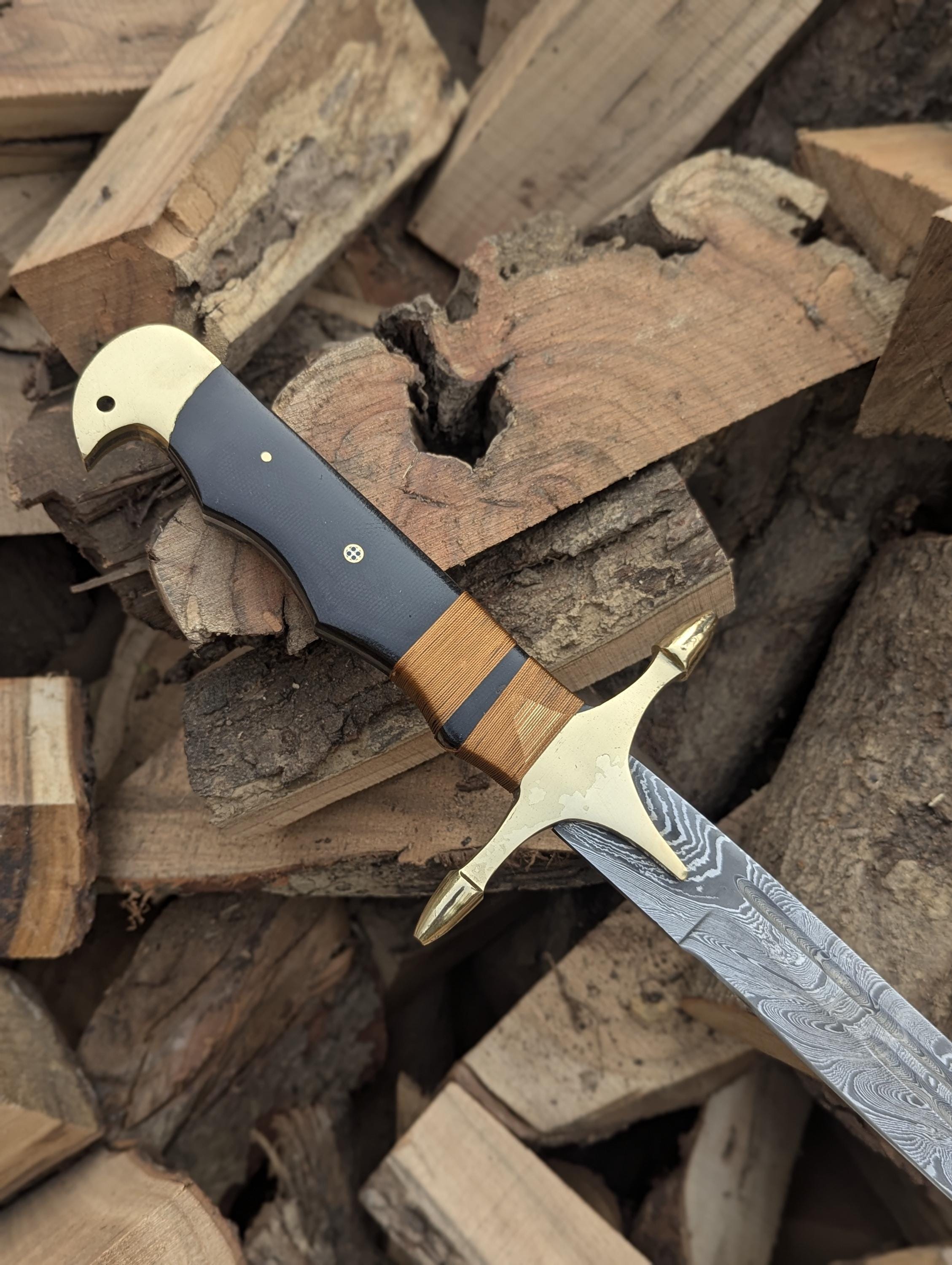 Hand-Forged Damascus Scimitar: 38" Curved Blade, Brass Guard, Leather Sheath