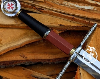 Medieval Knight Longsword, 40 Inch Hand-Forged High Carbon Steel Sword, Maroon Leather Scabbard with Belt