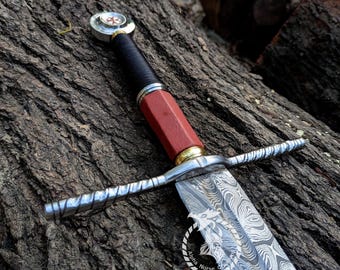Hand-Forged Damascus Steel Medieval Longsword - Knight Replica with Leather Scabbard