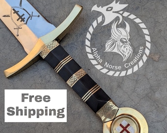 Handmade Knight Templar Crusader Sword: D2 Steel Blade, Brass Inlay
