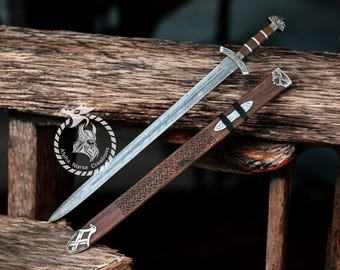 Handmade Damascus Steel Viking Sword: Engraved Scabbard, Northman Style