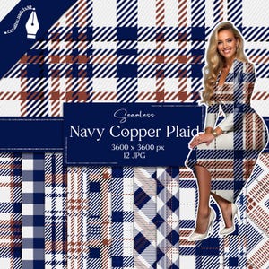 May include: A set of 12 seamless digital paper patterns featuring a navy blue and copper plaid design. The patterns are 3600 x 3600 pixels and are perfect for crafting, scrapbooking, and other creative projects.