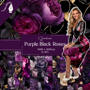 May include: A set of 12 seamless digital paper patterns featuring dark purple and black roses with gold accents. The patterns are 3600 x 3600 pixels and are perfect for creating digital or printed projects.