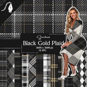 Svartguldglitterpläd digitalt papper | Sörjande sömlösa mönster | Begravningsgingham | Buffalo Checks Tweed | Western Country Fleece JPG