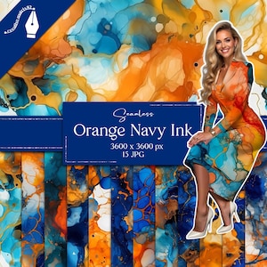 May include: Seamless Orange Navy Ink digital paper pack. The image features a collection of abstract designs in shades of orange, navy blue, and turquoise. The designs have a watercolor or ink-like appearance. The image also includes a woman wearing a dress with a similar design.
