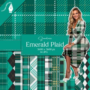 Puede incluir: Un paquete de papel digital con 14 patrones de cuadros verdes esmeralda sin costuras. Cada patrón tiene 3600 x 3600 píxeles y presenta un diseño de cuadros blanco y dorado.